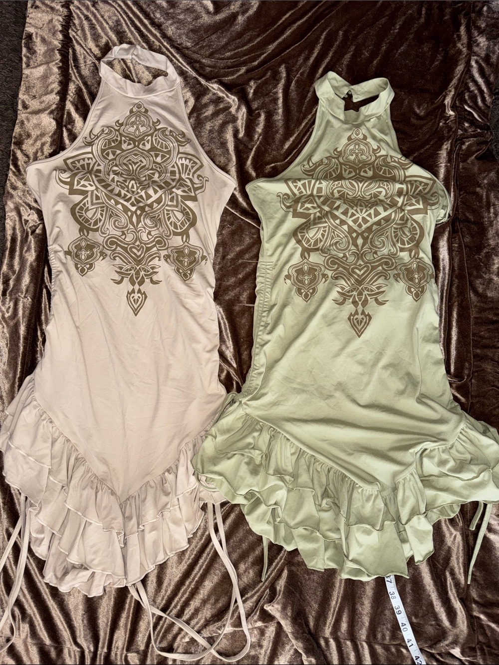 SHEIN White and Light Green Halter Mini Dress with Ruffle Hem